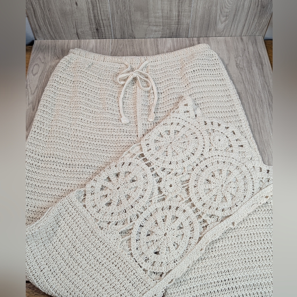 Beachy Cream Crochet Lace Pants Women's Size Medium Boho Tropical Solitaire - Picture 2 of 14